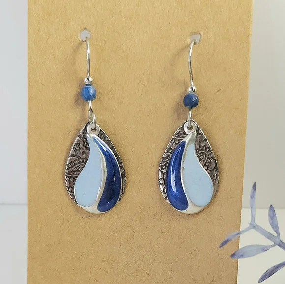 Silver Etched Floral & Metallic Blue Swirl Layered Dangle Earrings - Picture 3 of 10